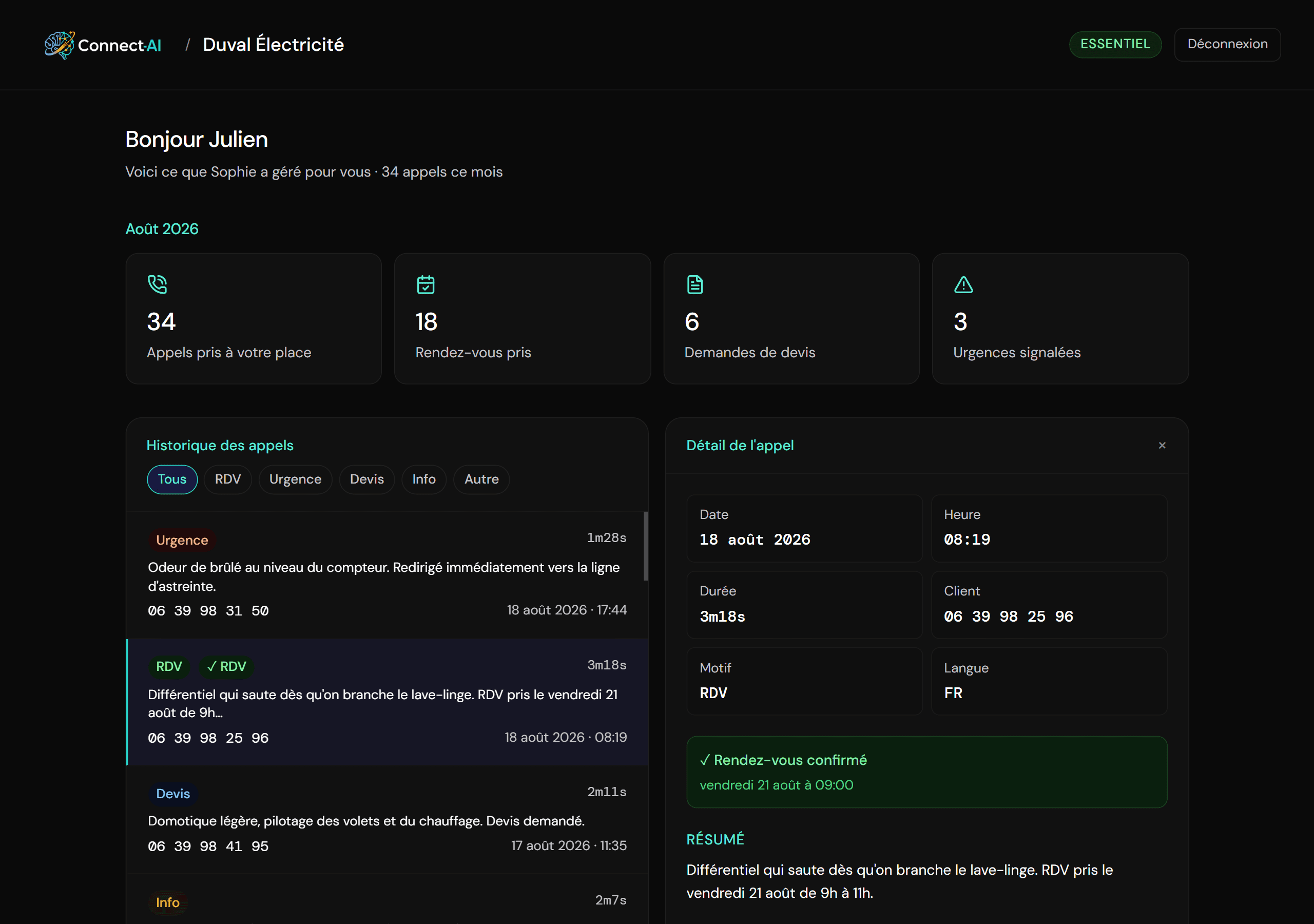 Tableau de bord Connect-AI : historique des appels d'un artisan de démonstration